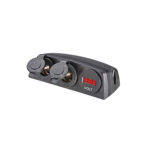 Heavy-Duty Twin Surface Mount Accessory Sockets and 12/24V DC LED Volt Meter - NARVA Part No. 81190BL